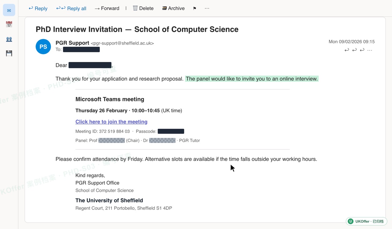 University of Sheffield 面试邀请截图